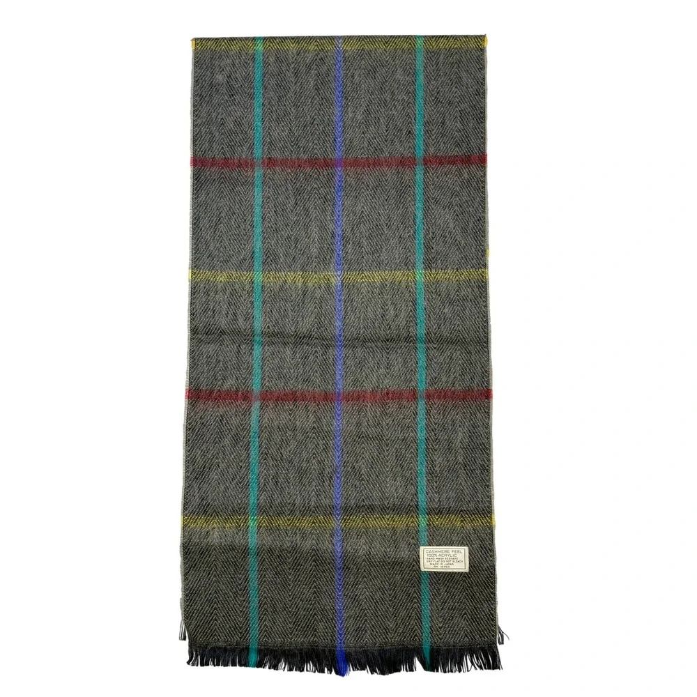 Cashmere Feel Mens Plaid Fringe Scarf 12 X 32 Acrylic Preppy Academia Classic